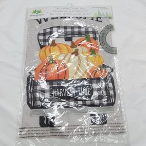 Evergreen Pumpkin Plaid Truck Garden Burlap Flag,  New